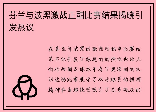 芬兰与波黑激战正酣比赛结果揭晓引发热议